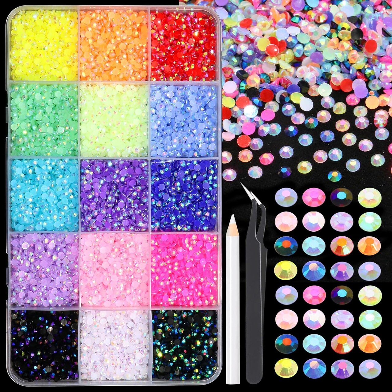 8,000pcs 3mm Resin Jelly Rhinestones – Flat-Back Rainbow Gems with AB Coating, Colorful Crystal Gemstones for Nail Art, DIY, Clothing, Shoes, and Bedazzling Projects